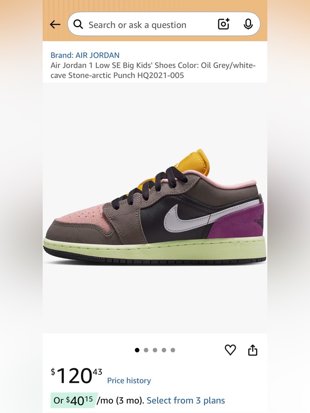 Jordan 1 SE Big Kid/Women’s Low-Top Sneakers in Pink, Gray & Yellow Accents - Picture 7 of 7